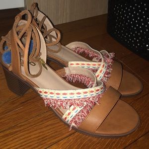 Tan/colorful heels with wrap around straps